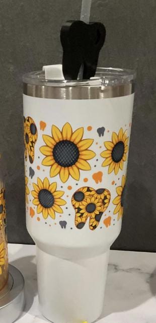 Sunflower Tooth Glass Tumbler: Dental Hygienist Gift with Charm