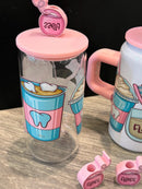 Coffee Tooth Cup with Straw Toppers | Floss, Dental Hygiene & Toothbrush Straw Topper | Dental Gift | Teeth Obsessed